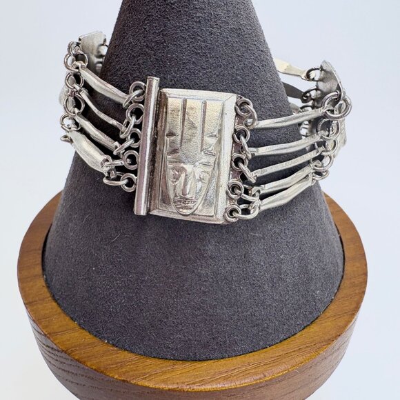 VTG Sterling Silver 925 Aztec Warrior Mask Wide Chunky Bracelet Size 7" Length - Picture 1 of 10